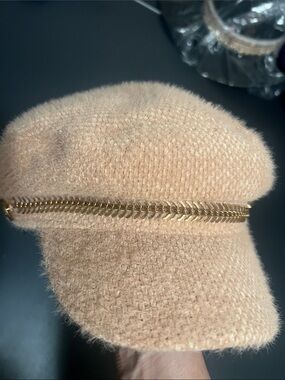 Womens Soft Knit cream tan hat with Gold Chain Trim